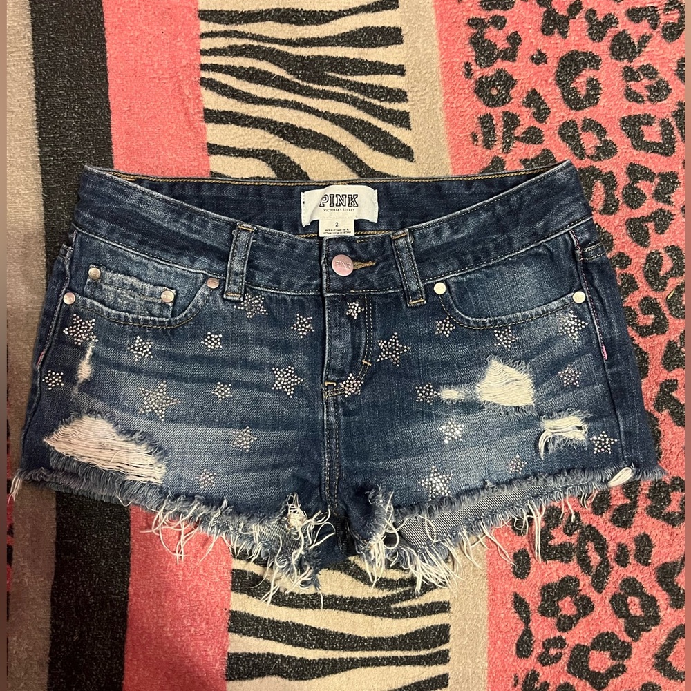 Vintage PINK Victoria's Secret low rise star rhinestones Jean shorts
